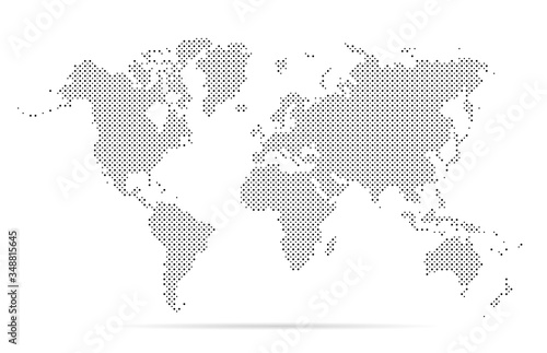 Dotted map world. Simple digital dot. Worldmap global point. Earth globe circle. Worldwide continents isolated on white background. Silhouette planet round. Minimalist continent designs travel. Vector