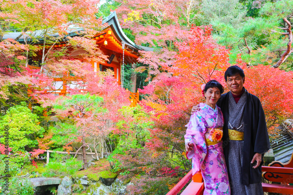 Fototapeta premium Asian senior couple dressing kimono posing with autumn tree in japanese garden during autumn season. Kyoto, Japan