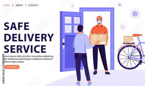 Safe delivery service concept. Man receive package from courier. Delivery parcel to door. Online order during quarantine. Vector web page banner illustration.