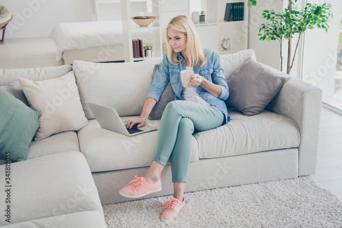 Photo of attractive middle aged domestic lady relaxing sitting comfy sofa couch drink coffee browsing notebook freelancer remote work stay home quarantine time weekend living room indoors