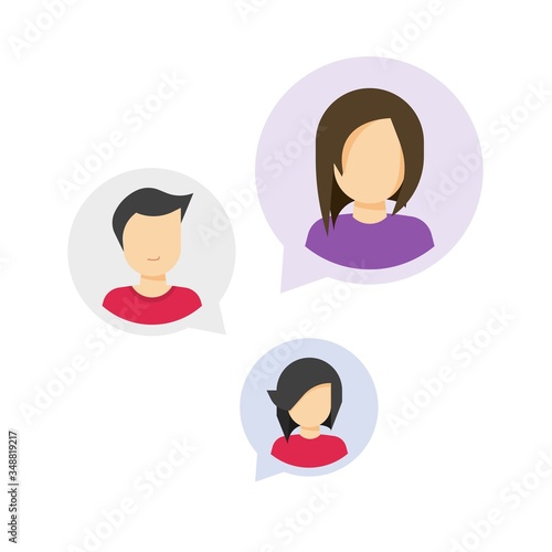 People discussion speech bubbles messages as teamwork talk chat or men and women social messaging network online icons vector flat illustration, concept of communication dialog, internet meeting idea