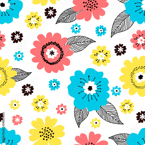 Seamless cute floral pattern with hand drawn various colorful blue, red yellow spring flowers with black leaves on white background. Vintage retro style vector design for fabric, wrapping paper, cover