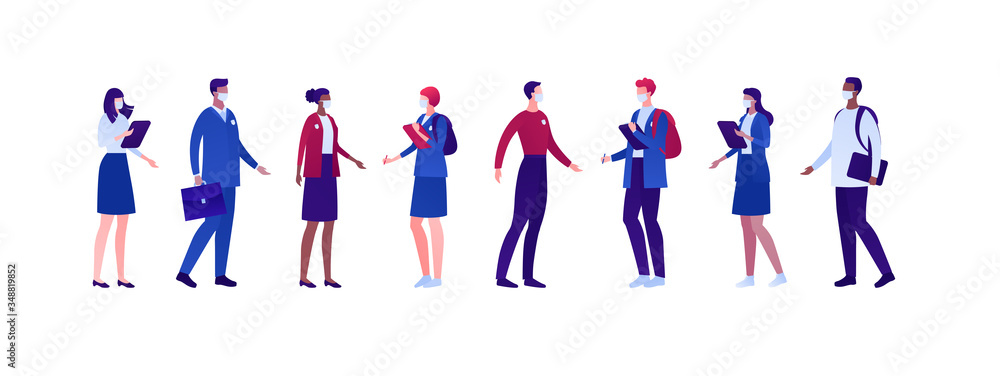 Student lifestyle in pandemic concept. Vector flat person illustration set. Group of multi-ethnic young adult in face protective health care mask. Design for college banner, school web, infographic.