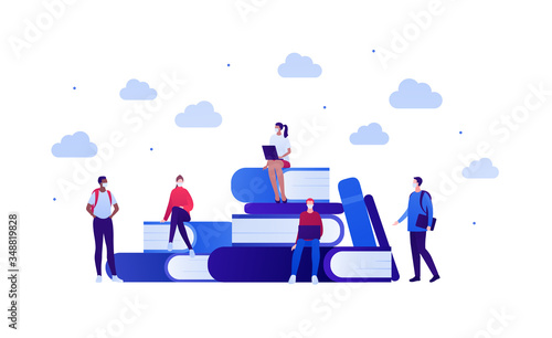 Student lifestyle in pandemic concept. Vector flat person illustration. Group of multi-ethnic young adult in face mask. Book, laptop, pen sign. Design for college banner, school web, infographic