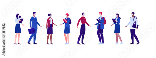 Student lifestyle in pandemic concept. Vector flat person illustration set. Group of multi-ethnic young adult in face protective health care mask. Design for college banner, school web, infographic.