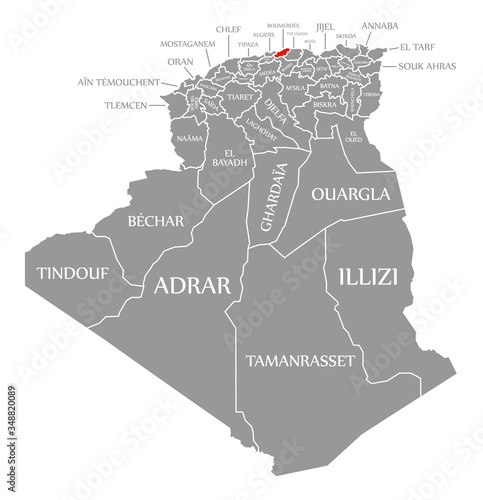 Obraz na plátně Boumerdes red highlighted in map of Algeria