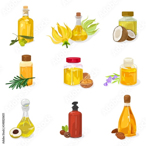 Big set of glass bottles, vials, jars closed by cap, cork with essential oil of olive, Ylang Ylang, coconut, siberian pine, melaleuca, walnut, lavender, longan, pecan, almond. Vector on white.