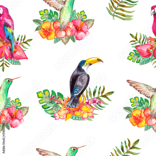 Seamless watercolor pattern of tropical leaves, flowers, fruits and birds. Hand painted pattern. Tropical summertime texture can be used as background, wrapping paper, textile or wallpaper. 