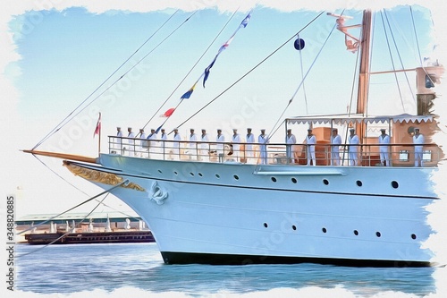 Yacht is waiting for the Queen of Denmark. Imitation of a picture. Oil paint. Illustration