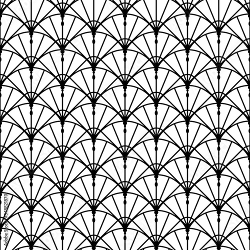 Fan seamless pattern. Chinese, Japanese style. Traditional oriental texture. Scale ornate background. Japan Asian culture ethnic motif. Black and white geometric shell, china design for prints. Vector
