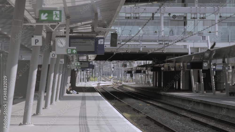 Slow-motion tracking shot of birds flying through the empty Utrecht Centraal railway station during the stay-at-home orders due to the COVID-19 pandemic quarantine. Slow-motion tracking shot of birds flying through the empty Utrecht Centraal railway station during the stay-at-home orders due to the COVID-19 pandemic quarantine.