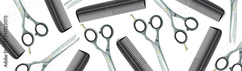 Friseur Banner mit Haarschneidescheren und Kämmen