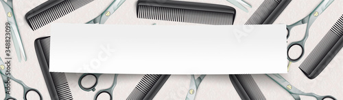 Friseur Banner mit Haarschneidescheren und Kämmen