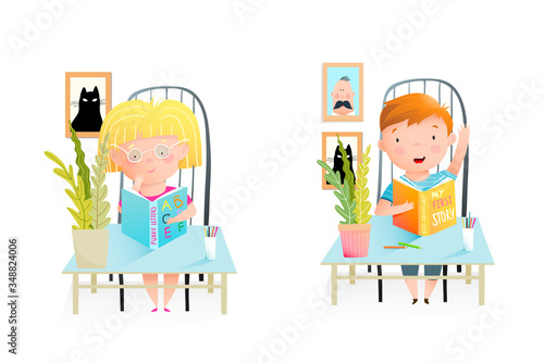 Elementary school children, classmates sitting at the desk, studying, reading books. Girl thinking and a boy answer question. Classroom with kids illustration. Watercolor style vector cartoon.