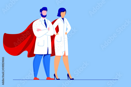 Doctor Hero Red Cloak Stands on Protection Against Viruses. Vector Flat Cartoon Illustration
