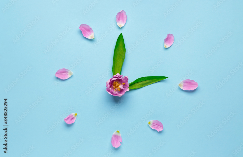 Clock made of flowers on color background. Spring time