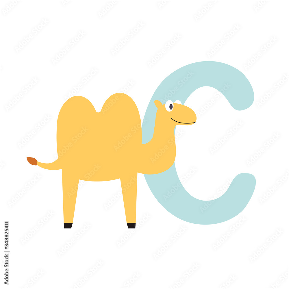 Letter C with a cartoon camel from cute animal alphabet series A-Z. Pre