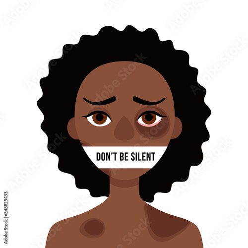 Sad african woman with bruises and wounds with a closed mouth on a white background.Concept of domestic violence, sexual abuse in the family, bullying, silence and fear .Vector cartoon illustration