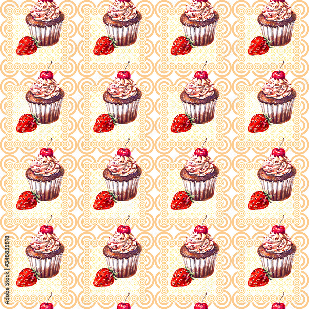 Seamless pattern with chocolate muffins and strawberry painted with watercolor Seamless pattern with chocolate muffins and strawberry painted with watercolor