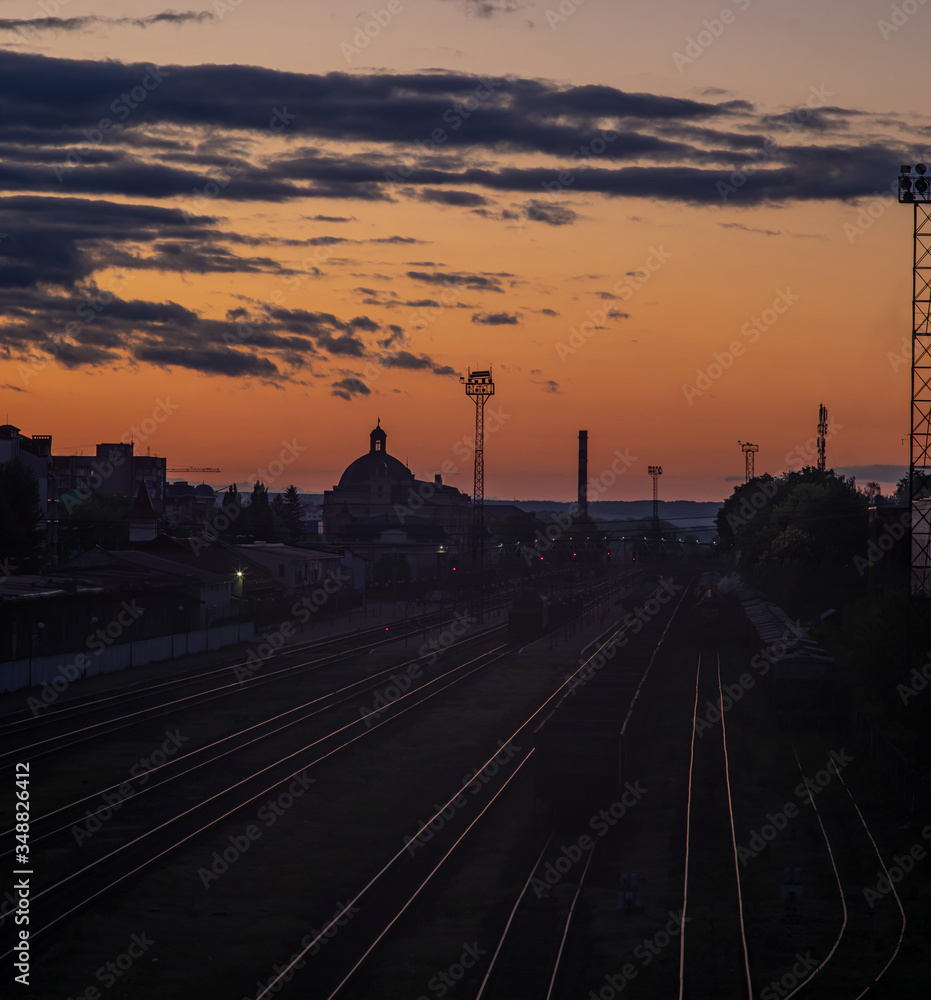 Railway station at sunset in the Ukrainian city Railway station at sunset in the Ukrainian city