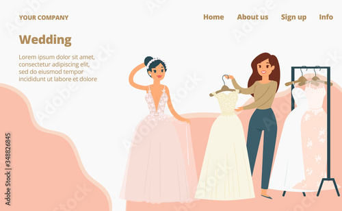 Wedding dresses for brides landing page, cartoon vector illustration. Fashion bride and bridesmaid wear. Girls tries elegant white dress in wedding salon shop, bridal clothing web store.