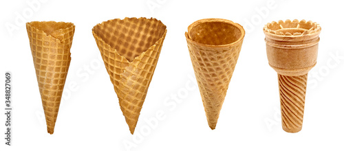 Empty ice cream cones collection isolated on white background. Empty ice cream cones with clipping path