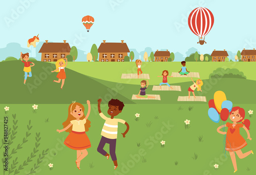 Kids jumping doing yoga activities and sports in nature outdoors flat vector illustration. Active children in country doing physical exercises, yoga, stretching, gymnastics and fitness, sports.
