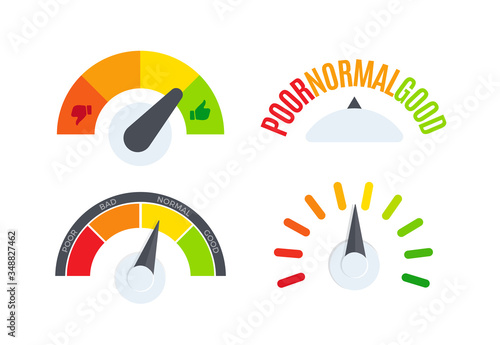 Business performance company review scale logo set. Speedometer, barometer, fuel gauge display logotype collection. Colorful dial indicator vector illustration.