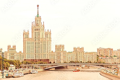 Illustration: Embankment of Moscow river. Panoramic view of Moscow on high-rise building of hotel Ukraine and the Moscow river. A Stalin-style skyscraper in Moscow. Panorama from Zaryadye Park