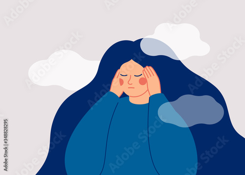 The sad woman touches her temples with her hands and suffers from a headache. A depressed girl suffers from temporary memory loss and confusion. Vector illustration