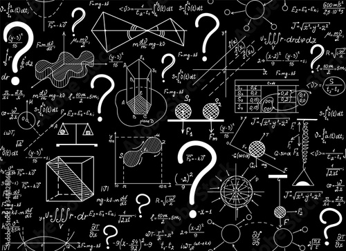 Scientific vector seamless pattern with math and physical figures, plots, formulas, equations and question marks