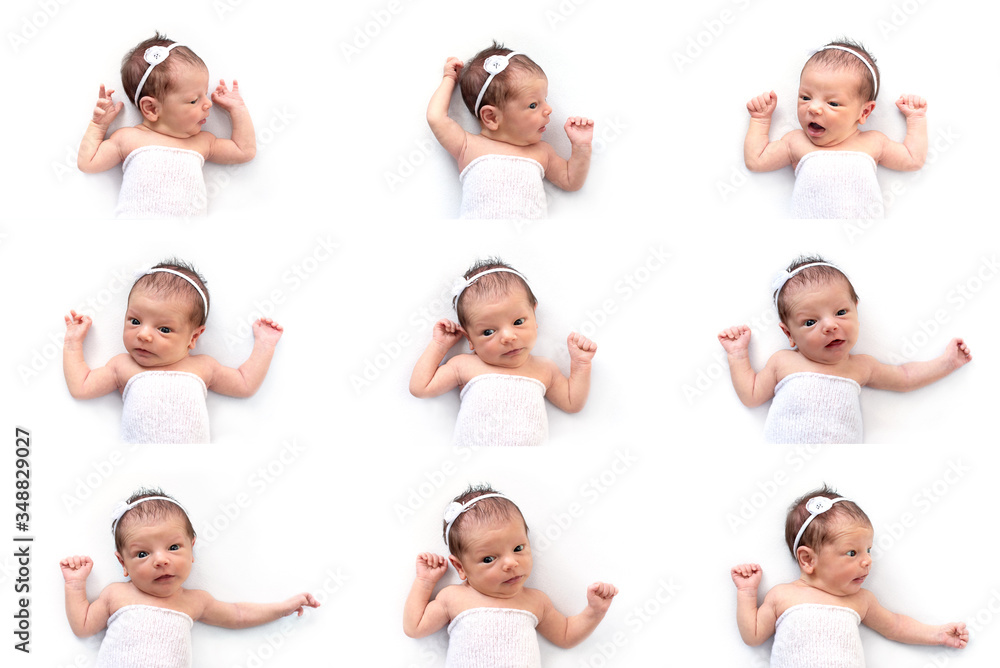 Fototapeta premium facial expressions and gestures of a newborn baby girl. A variety of emotions. Isolate Collage
