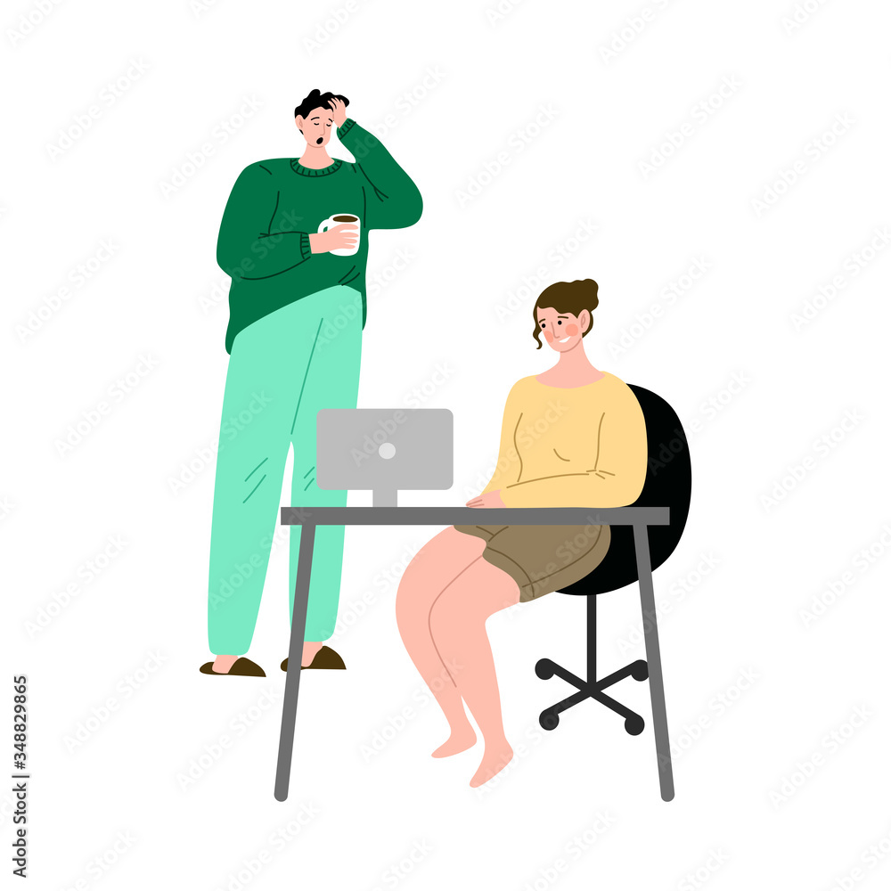 Fototapeta premium Couple freelance man and woman working at home on the laptop. Vector illustration in the flat cartoon style.