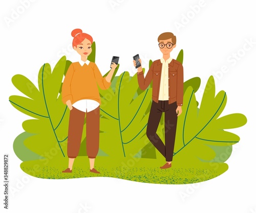 Couple of young people with smartphones gadgets, man and woman characters with mobile phone isolated on white vector illustration. Communication and social life by internet, relatioship and cellphone.