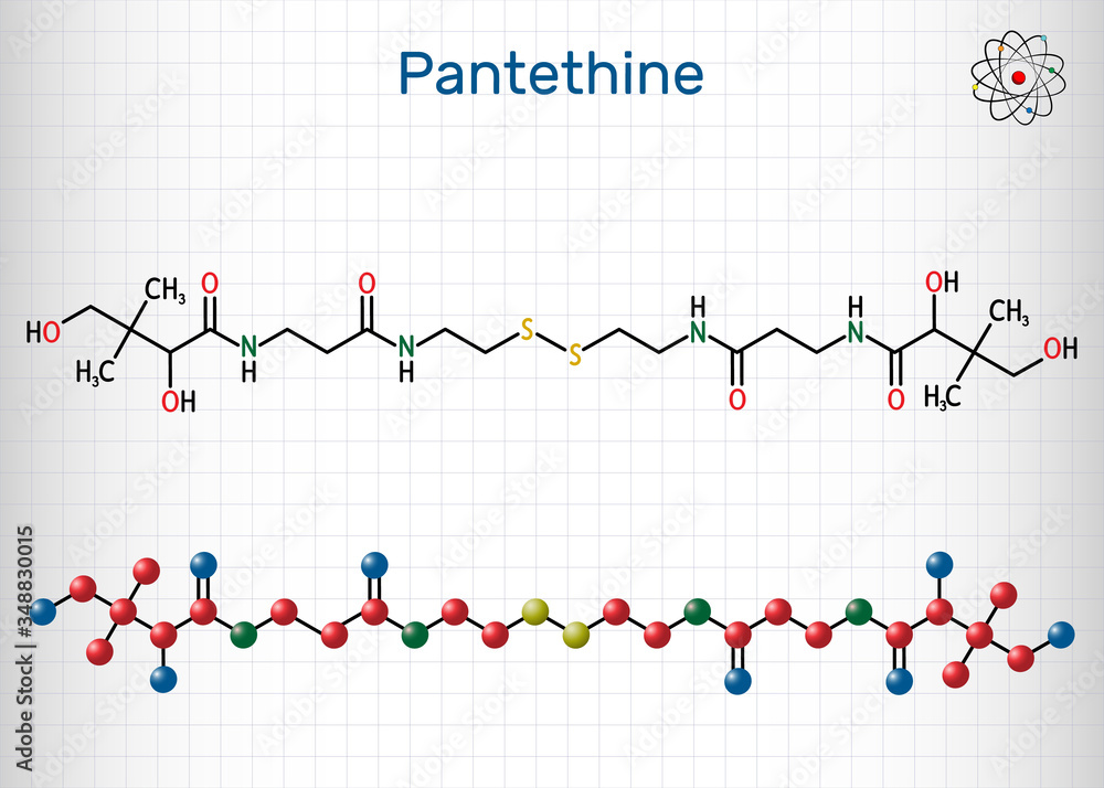 Pantethine, сo-enzyme pantethine, bis-pantethine molecule. It is is dimeric form of pantetheine. Is supplement for lowering blood cholesterol. Sheet of paper in a cage. 