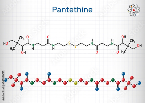 Pantethine, сo-enzyme pantethine, bis-pantethine molecule. It is is dimeric form of pantetheine. Is supplement for lowering blood cholesterol. Sheet of paper in a cage. 