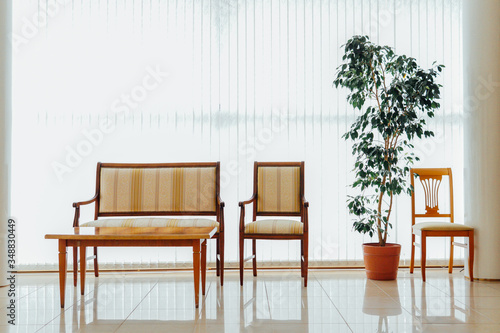 sofa with chairs and a plant in the interior of a white room with a window