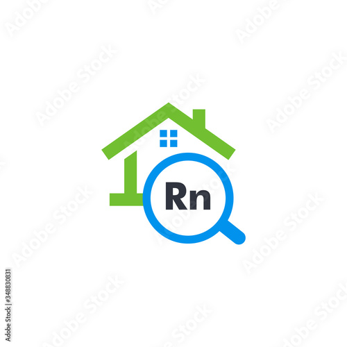 Radon pollution testing service graphic icon. Isolated house rent search website logo. Real estate sale web logotype. Buiding company. Rn, dangerous chemical element alert kit vector illustration.