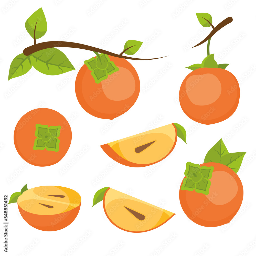 Ripe orange persimmons.Vector seamless pattern of ripe juicy fruits and persimmon leaves. Ripe orange persimmons.Vector seamless pattern of ripe juicy fruits and persimmon leaves.