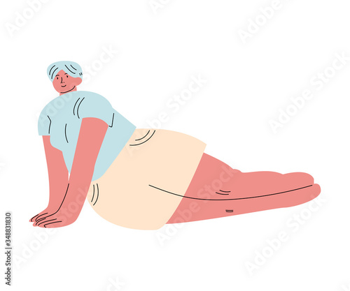 Happy overweight white-haired woman in beige shorts lying on hands. Vector illustration in cartoon style.