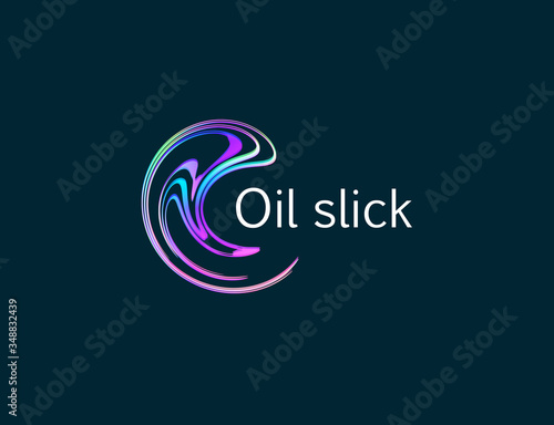 Oil slick logo concept. Oil spill graphic. Pollution control, awareness icon. Neon filling station emblem, Water pollution stain from fuel waste sign. Isolated vector logo.