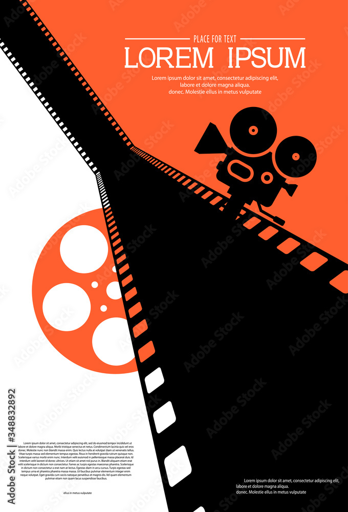 Film strip on the way with silhouette of cinema projector on a tripod and film roll. Cinema background. Retro movie festival template for banner, flyer, poster with place for text. Movie time concept. - obrazy, fototapety, plakaty 
