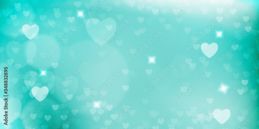 Glowing blue bokeh background. Spring concept. Blurred bokeh hearth shapes.