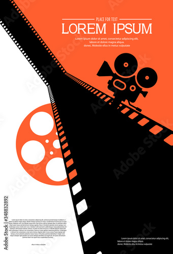 Film strip on the way with silhouette of cinema projector on a tripod and film roll. Cinema background. Retro movie festival template for banner, flyer, poster with place for text. Movie time concept.