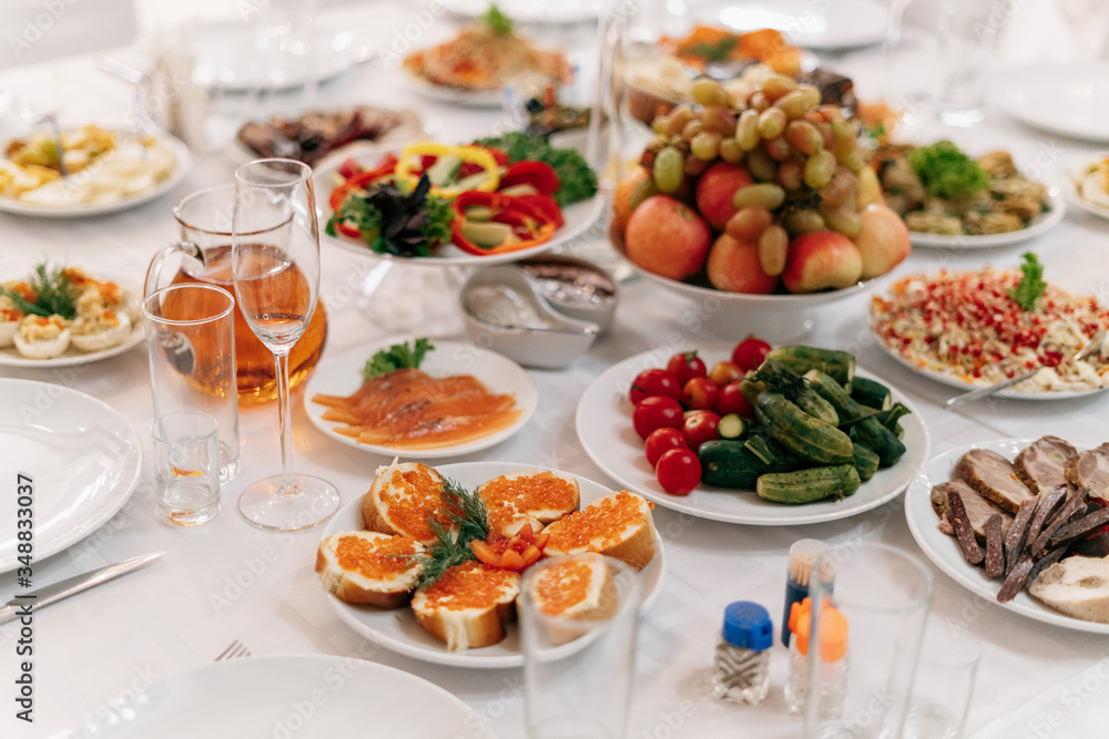 Food on the table, red caviar sandwiches Food on the table, red caviar sandwiches