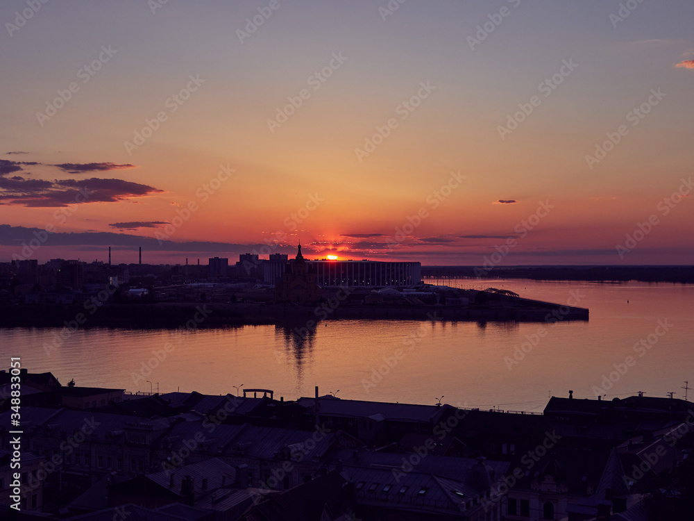 Nizhny Novgorod at sunset, view from the top of the city. Summer evening