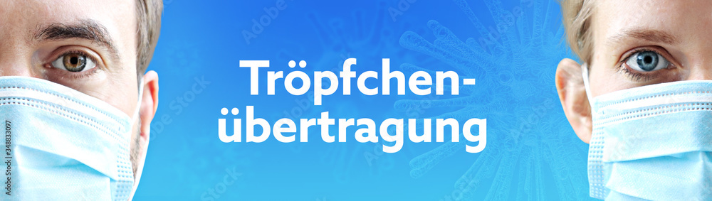 Tröpfchenübertragung. Gesichter von Mann und Frau mit Mundschutz. Paar mit Maske vor blauen Hintergrund mit Text. Virus, Atemmaske, Corona Tröpfchenübertragung. Gesichter von Mann und Frau mit Mundschutz. Paar mit Maske vor blauen Hintergrund mit Text. Virus, Atemmaske, Corona