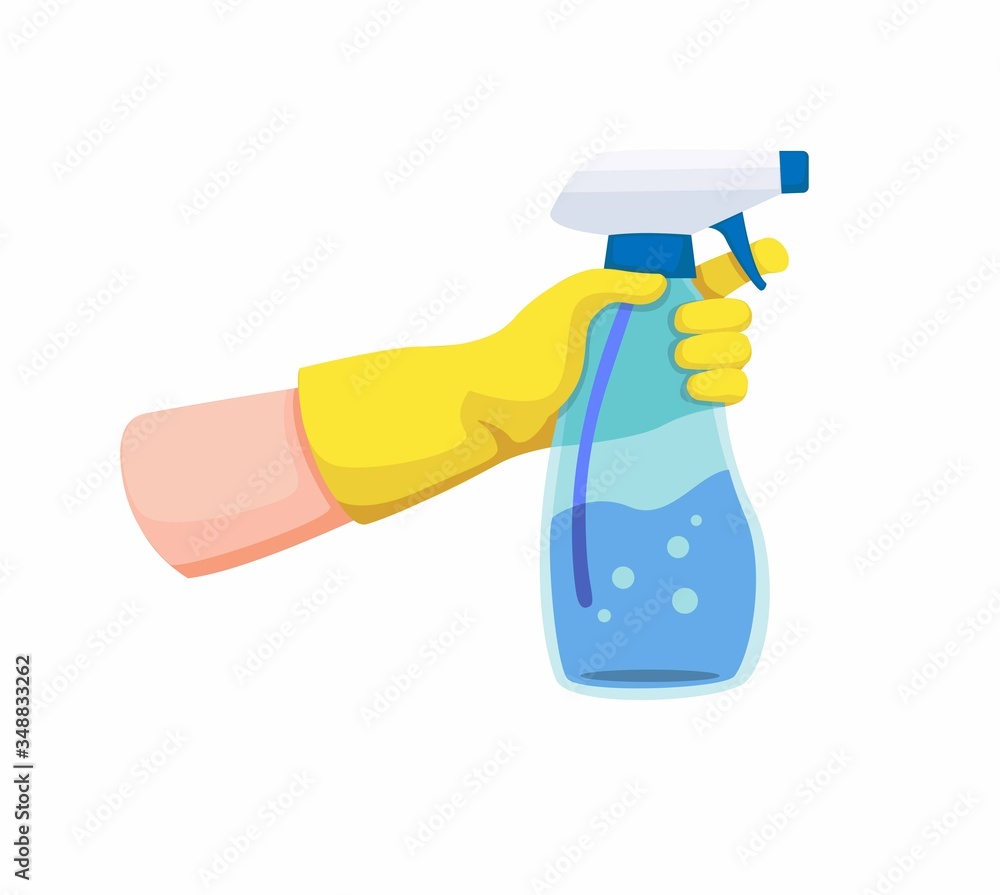 hand with yellow glove holding spray transparent plastic bottle for disinfectant or cleaning. cartoon illustration on white background hand with yellow glove holding spray transparent plastic bottle for disinfectant or cleaning. cartoon illustration on white background
