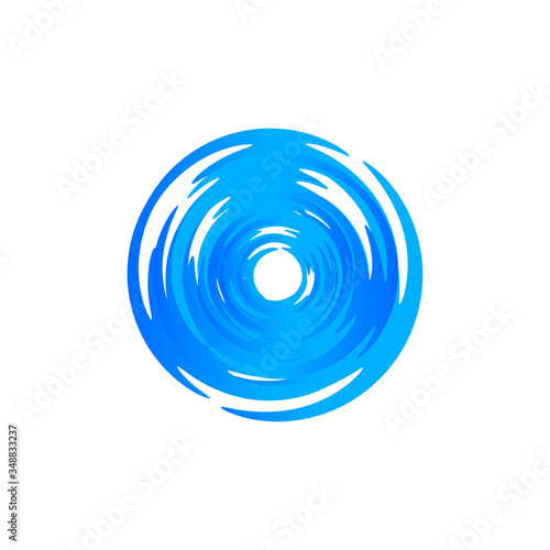 Blue round swirl logo. Hurricane and typhoon whirlpool, vortex, maelstrom circular logotype. Fresh drink icon. Air conditioning system vector illustration. Blowing wind sign. Vinyl isolated emblem.