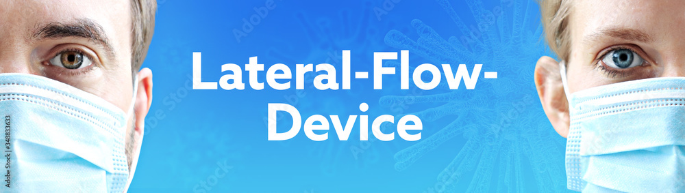 Lateral-Flow-Device. Gesichter von Mann und Frau mit Mundschutz. Paar mit Maske vor blauen Hintergrund mit Text. Virus, Atemmaske, Corona Lateral-Flow-Device. Gesichter von Mann und Frau mit Mundschutz. Paar mit Maske vor blauen Hintergrund mit Text. Virus, Atemmaske, Corona